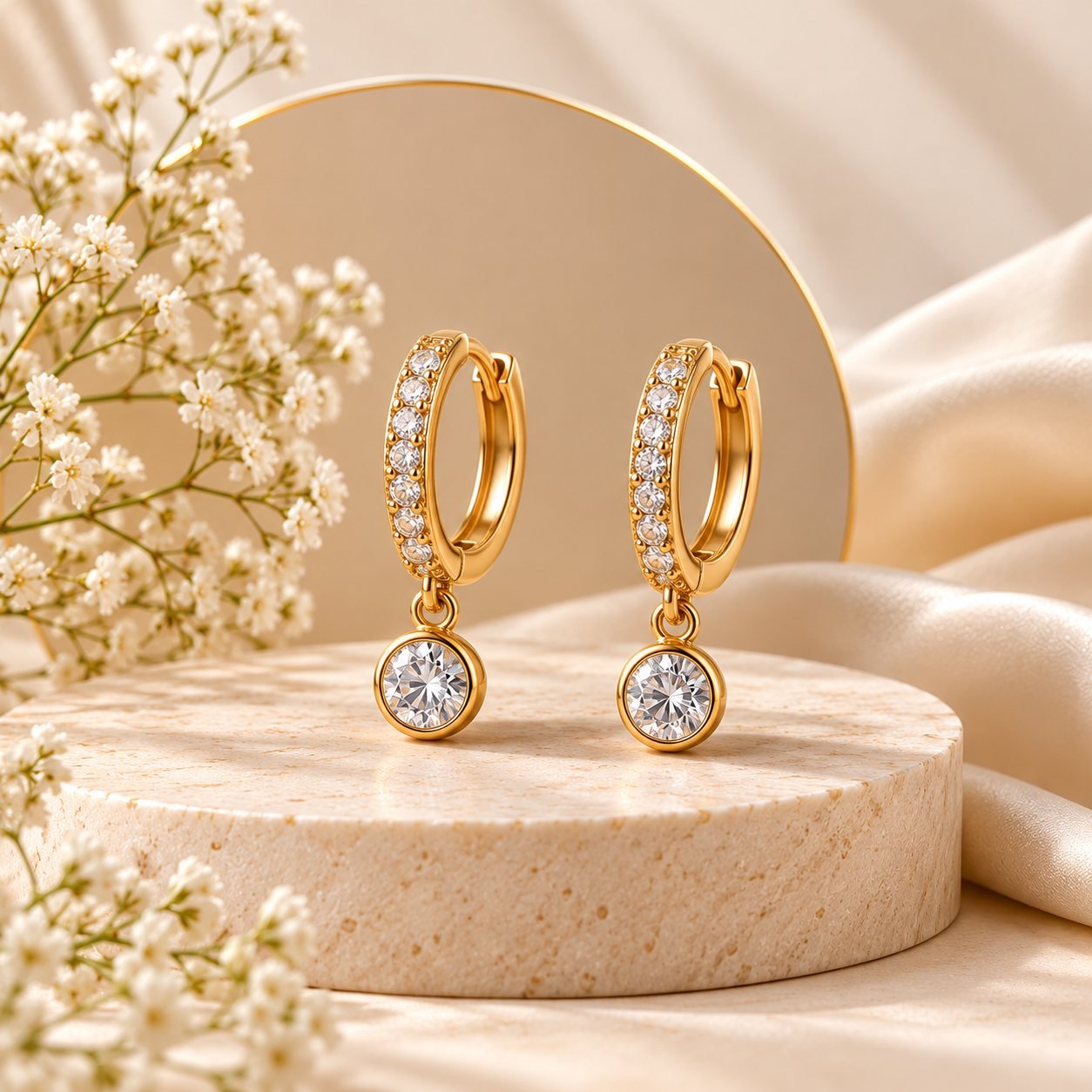 Gold hoop earrings displayed against a warm cream background