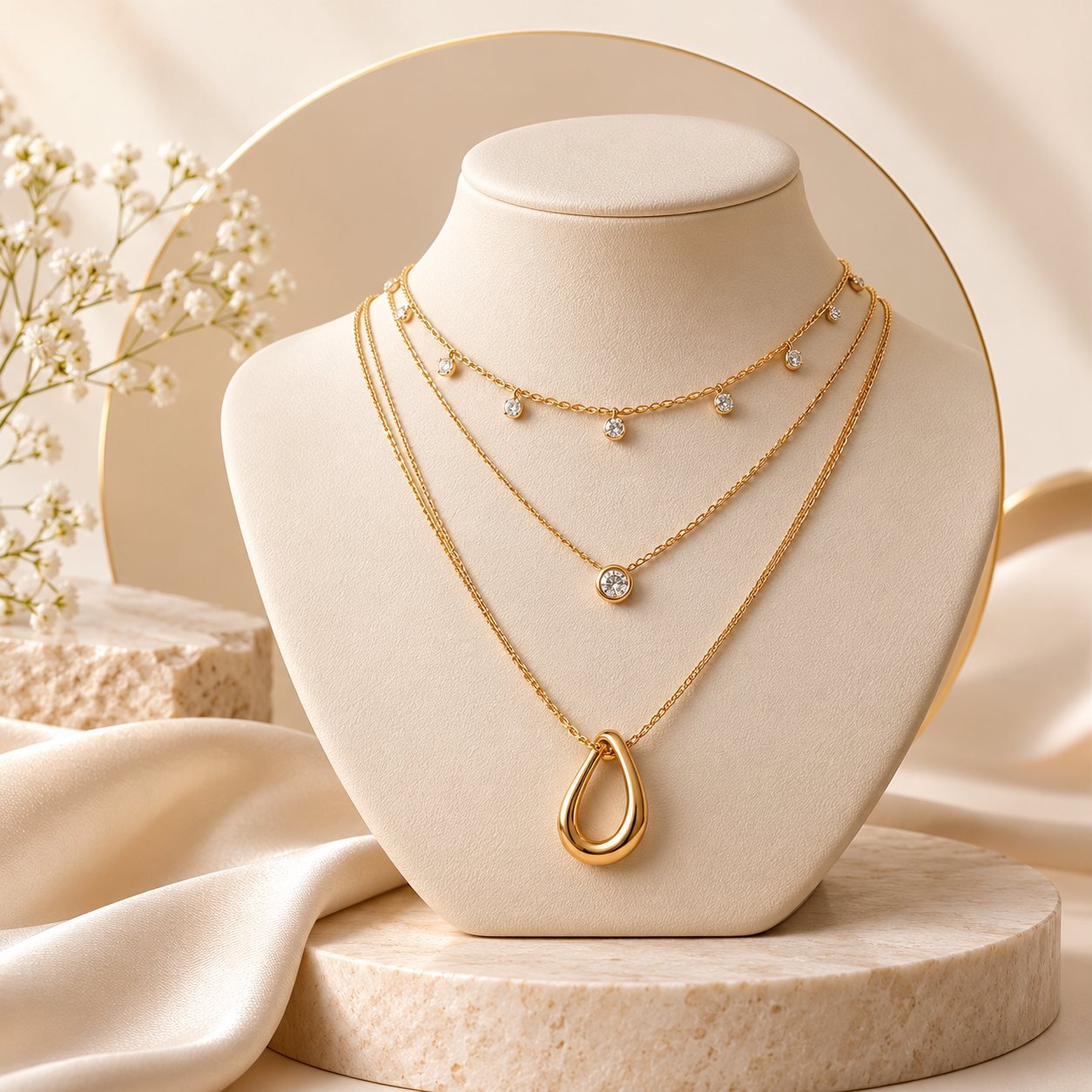 Layered gold necklaces arranged on a warm cream display